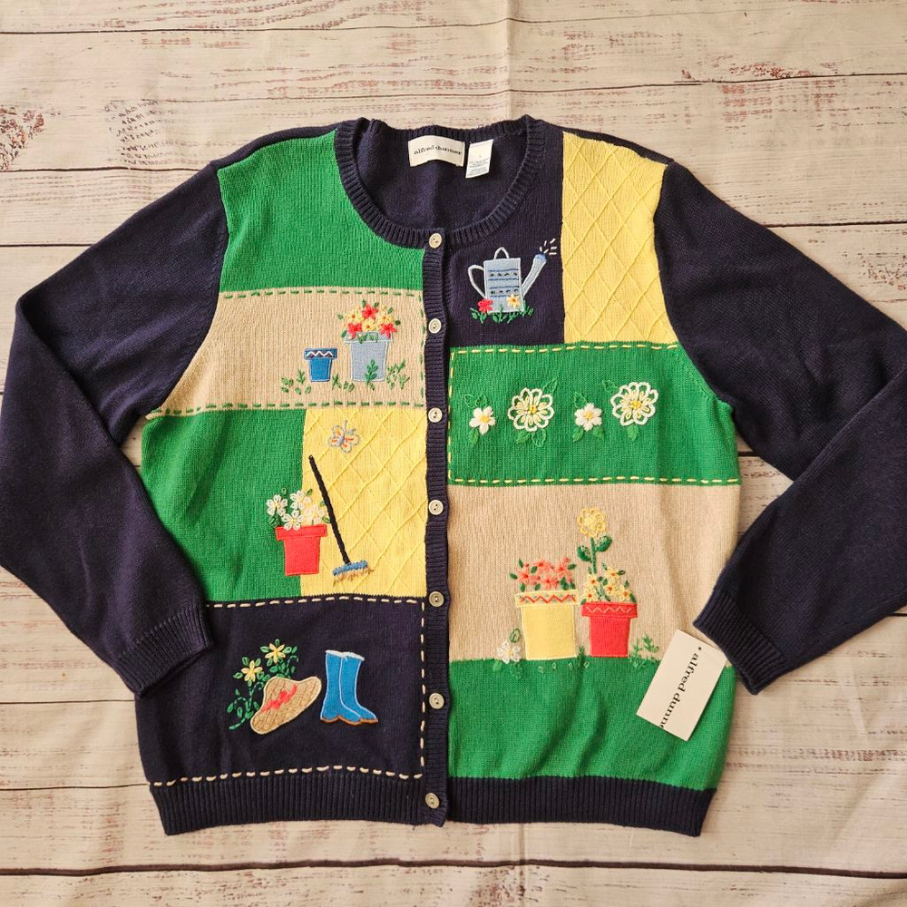 Alfred Dunner Knit Garden Flower Colorblock Cardigan Spring Womens Large NWT